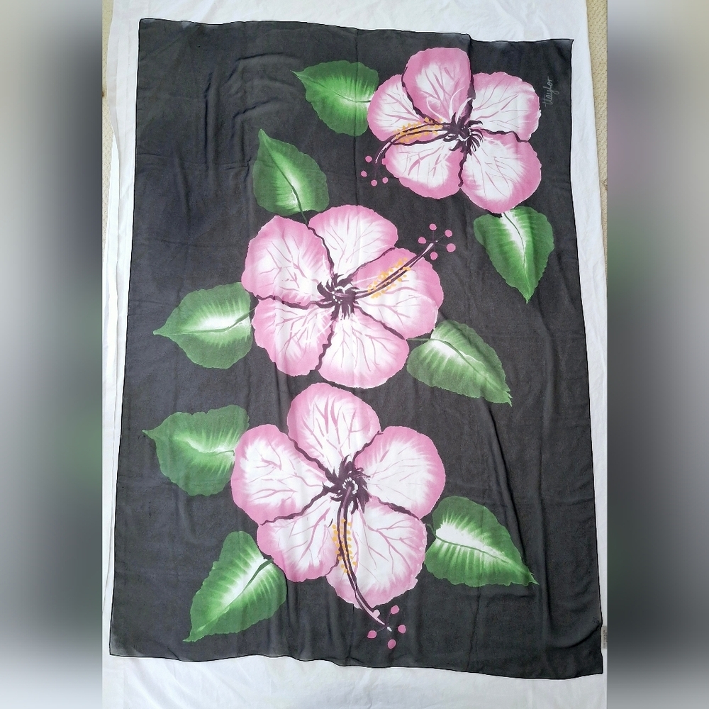 Vintage T. Taylor Italy Hibiscus Floral Semi Sheer Black Sarong Scarf Wrap 47×63